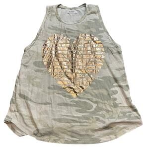 Lauren Moshi Womens Muscle Tank Camo Gold Heart Blouse Top Size Small